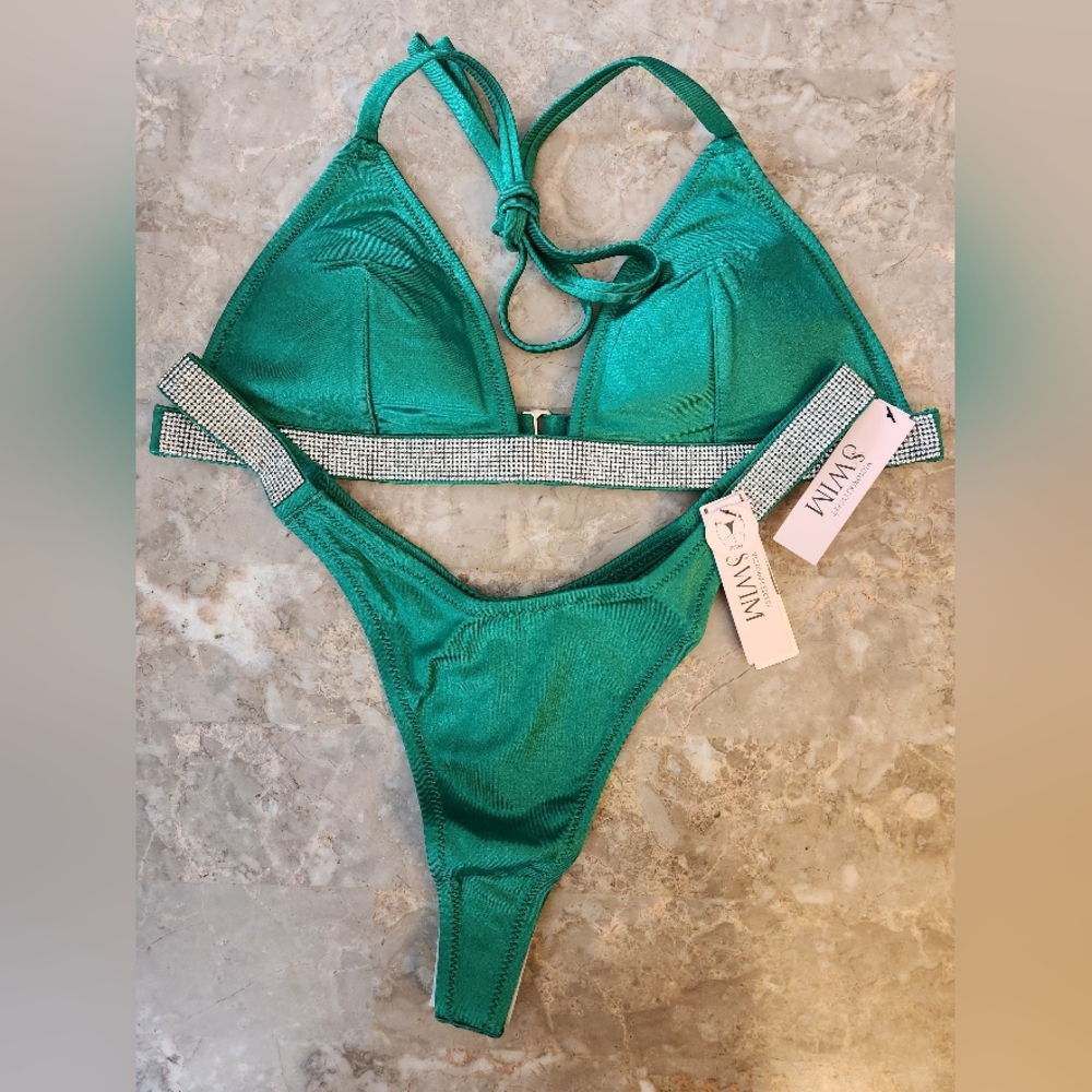 XL/L VS Swim Shine Strap Triangle Thong Bikini Set Green Tropical